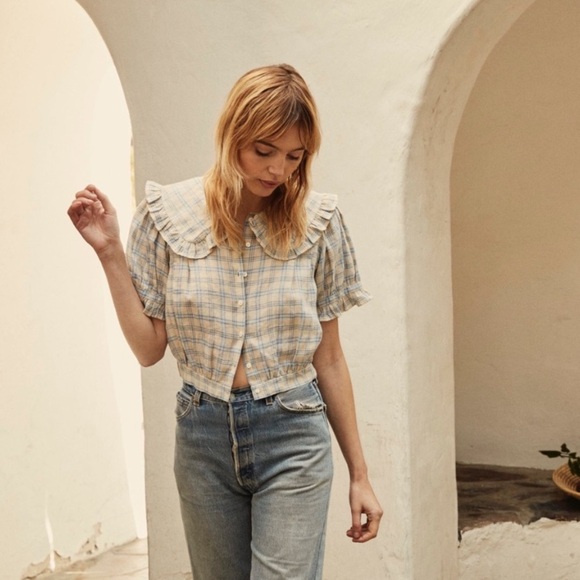 NWT Doen Sparrow Ramie Ruffle Collar Button Crop Top Meadowlark Plaid Blue - Picture 4 of 12